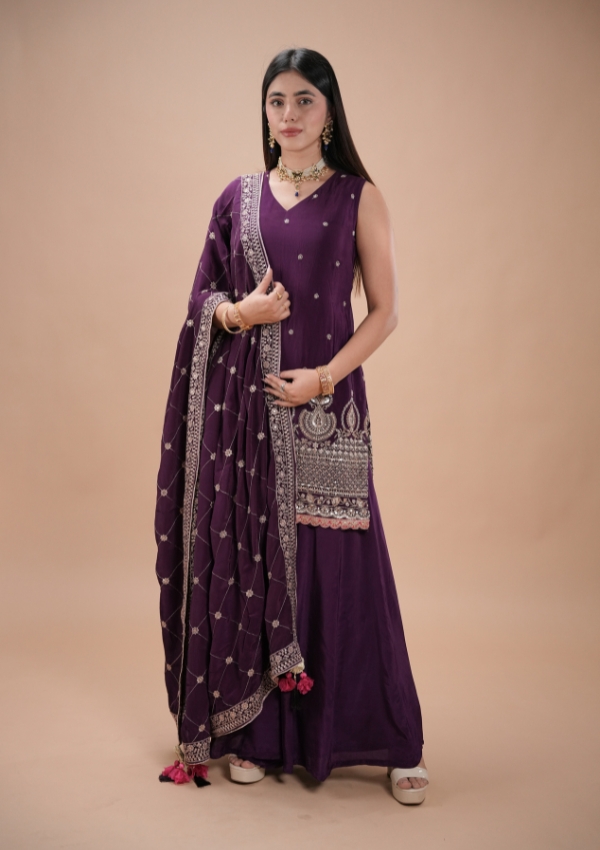Purple Chinon Embroidered Sharara Suit